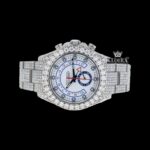 White Dial Standard Numerals Fully Iced Out Moissanite Watch Close Up Front View