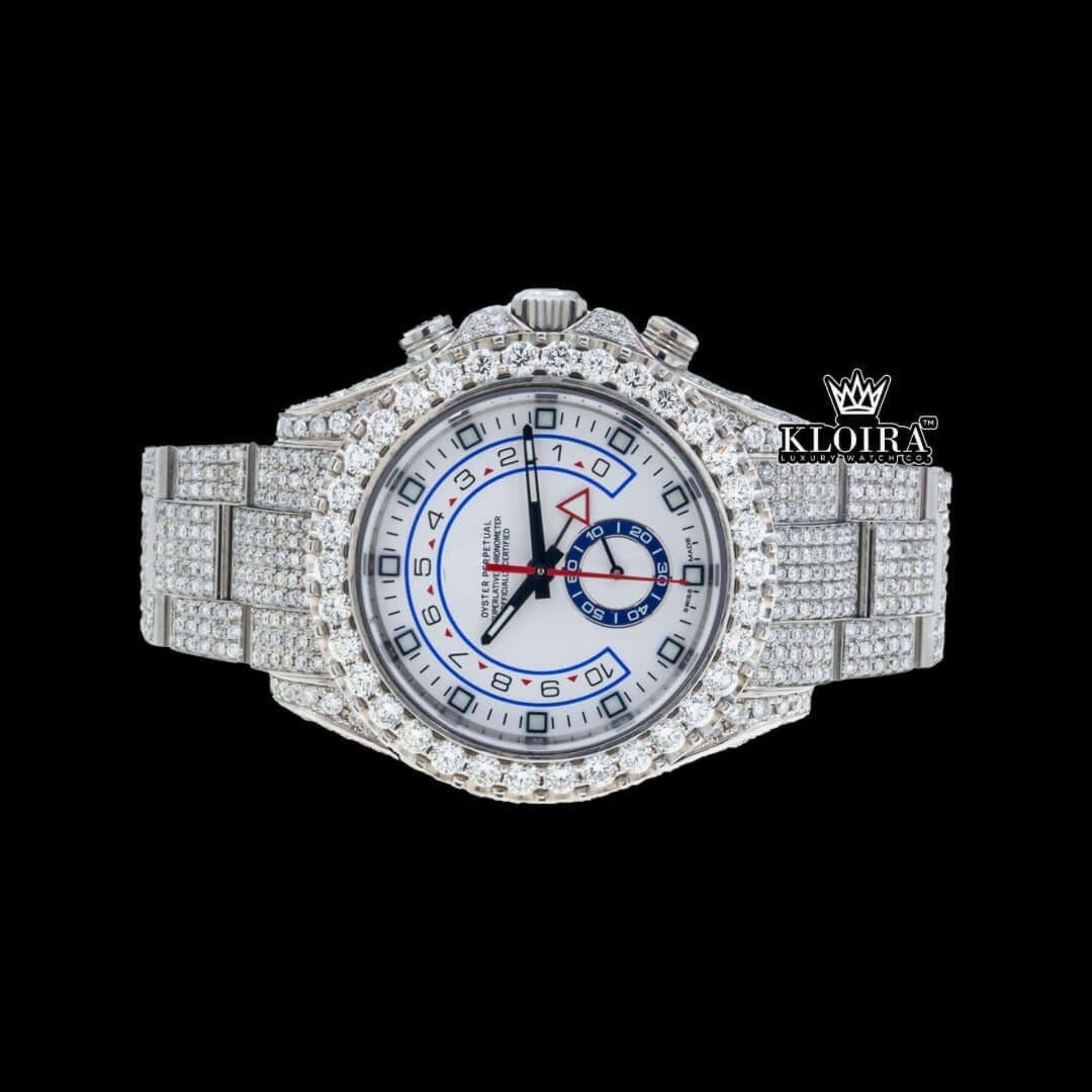 White Dial Standard Numerals Fully Iced Out Moissanite Watch Close Up Front View
