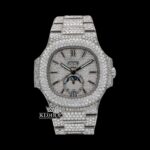 White Dial Stick Markers Moonphase Fully Iced Out Moissanite Diamond Watch