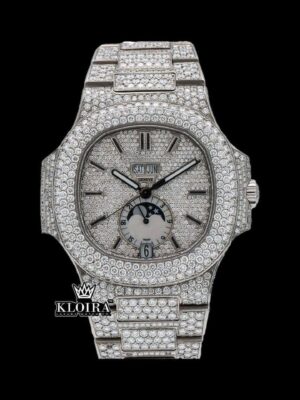 White Dial Stick Markers Moonphase Fully Iced Out Moissanite Diamond Watch