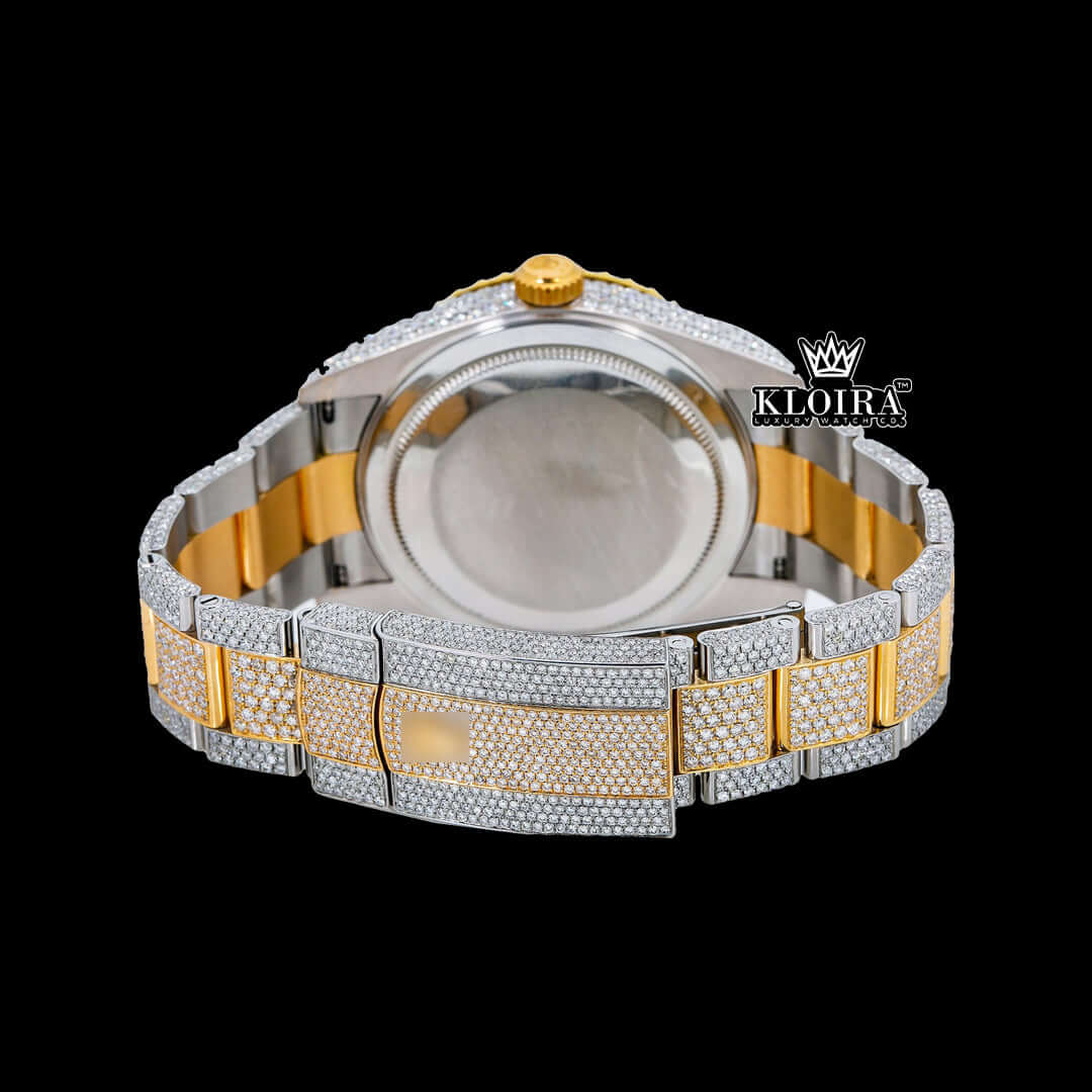 White Dial Two Tone Gold Silver Dual Time Fully Iced Out Moissanite Watch Caseback View