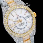 White Dial Two Tone Gold Silver Dual Time Fully Iced Out Moissanite Watch Close Up Dial View