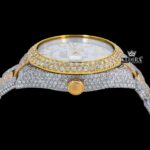 White Dial Two Tone Gold Silver Dual Time Fully Iced Out Moissanite Watch Crown View