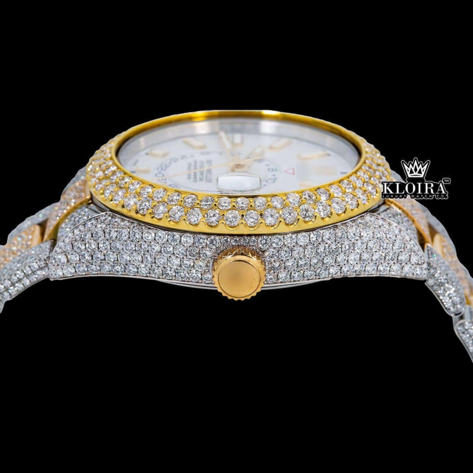 White Dial Two Tone Gold Silver Dual Time Fully Iced Out Moissanite Watch Crown View