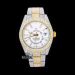 White Dial Two Tone Gold Silver Dual Time Fully Iced Out Moissanite Watch