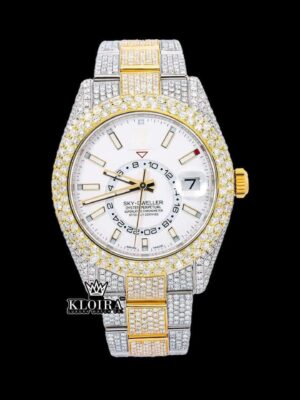White Dial Two Tone Gold Silver Dual Time Fully Iced Out Moissanite Watch