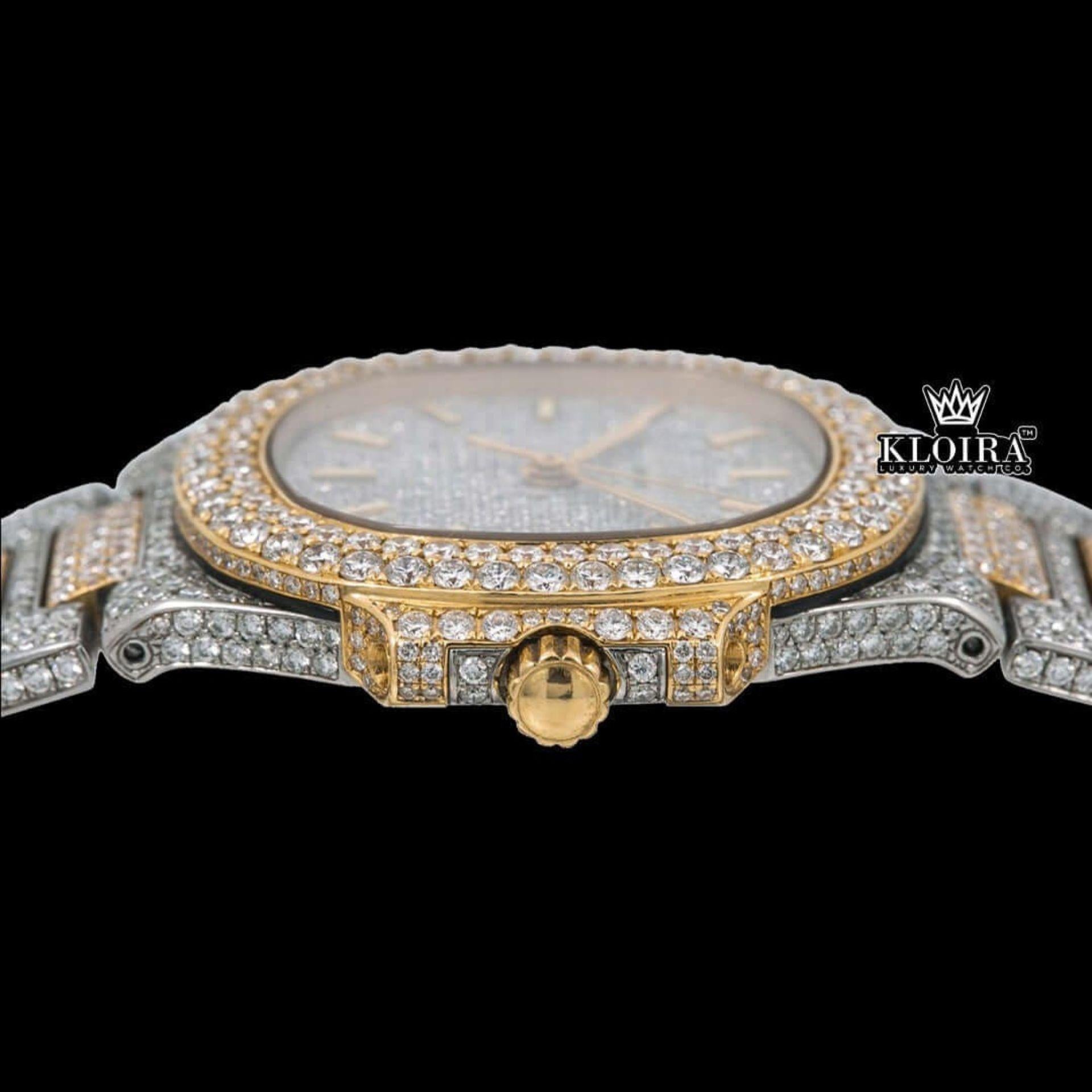 White Dial Yellow Stick Markers Fully Iced Out Moissanite Diamond Watch Crown View