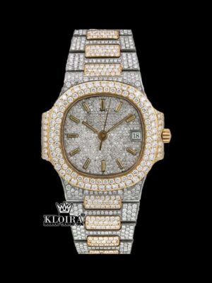 White Dial Yellow Stick Markers Fully Iced Out Moissanite Diamond Watch