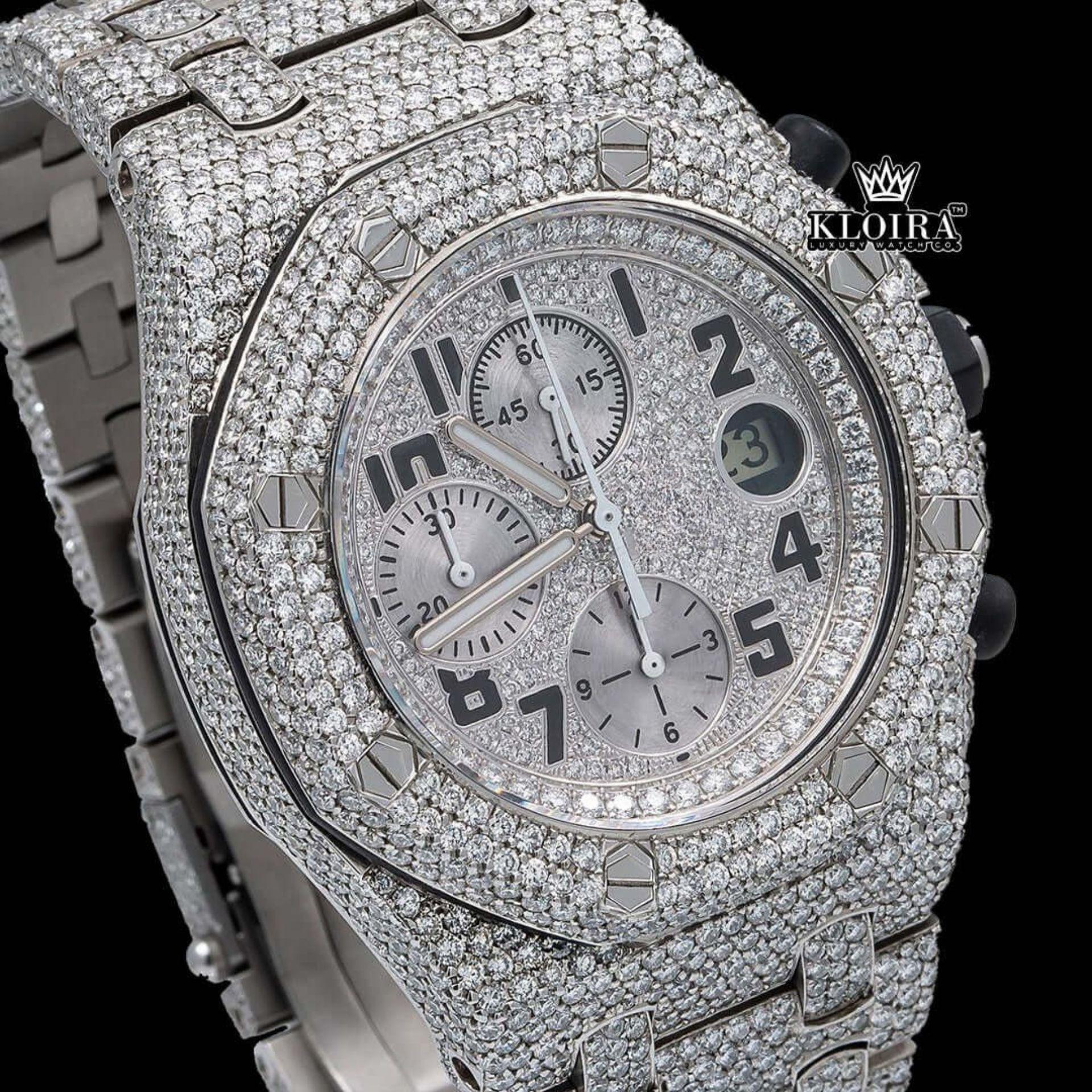 White Gold Iced Out Chronograph Moissanite Diamond Watch Close Up Dial View