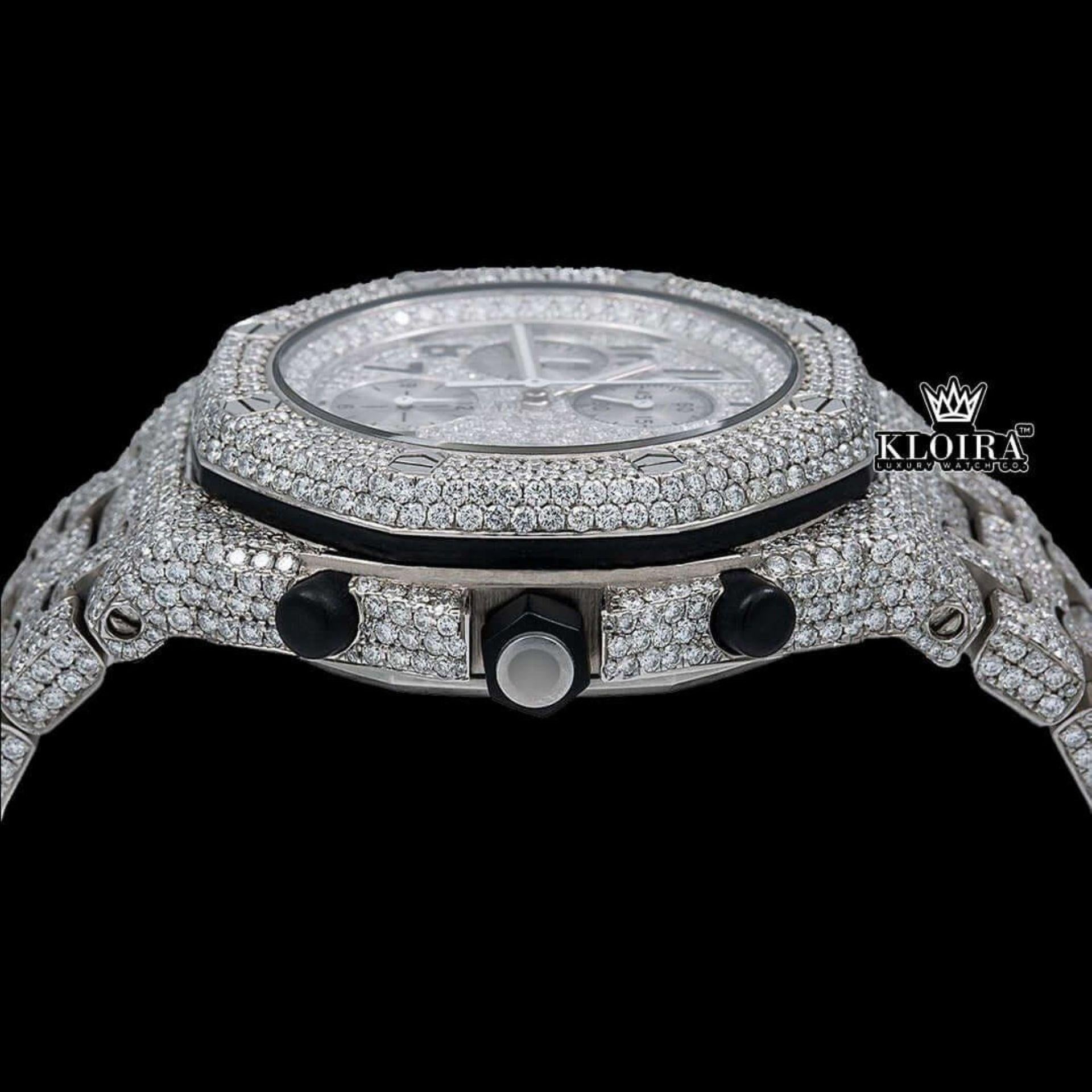 White Gold Iced Out Chronograph Moissanite Diamond Watch Crown View