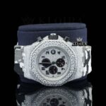 White Grey Rubber Strap Silver Dial Iced Out Moissanite Diamond Watch Close Up Front View