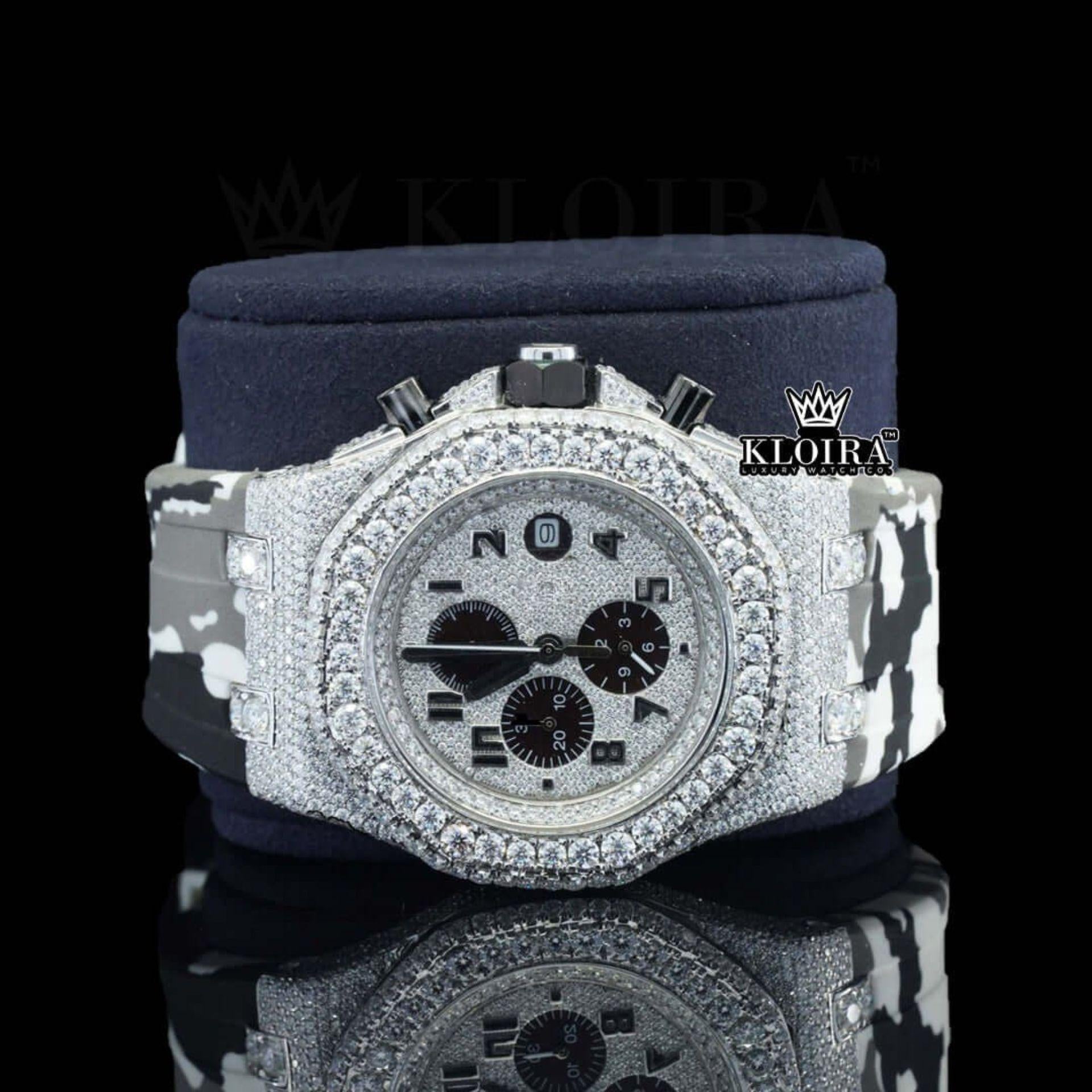 White Grey Rubber Strap Silver Dial Iced Out Moissanite Diamond Watch Close Up Front View