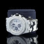 White Grey Rubber Strap Silver Dial Iced Out Moissanite Diamond Watch Left Profile View