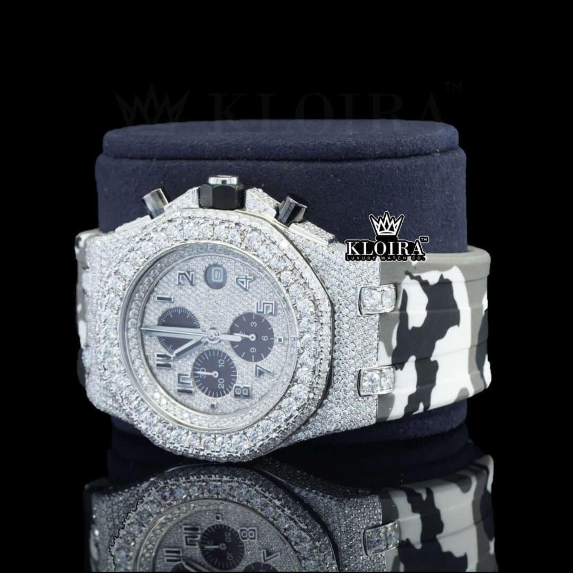White Grey Rubber Strap Silver Dial Iced Out Moissanite Diamond Watch Left Profile View