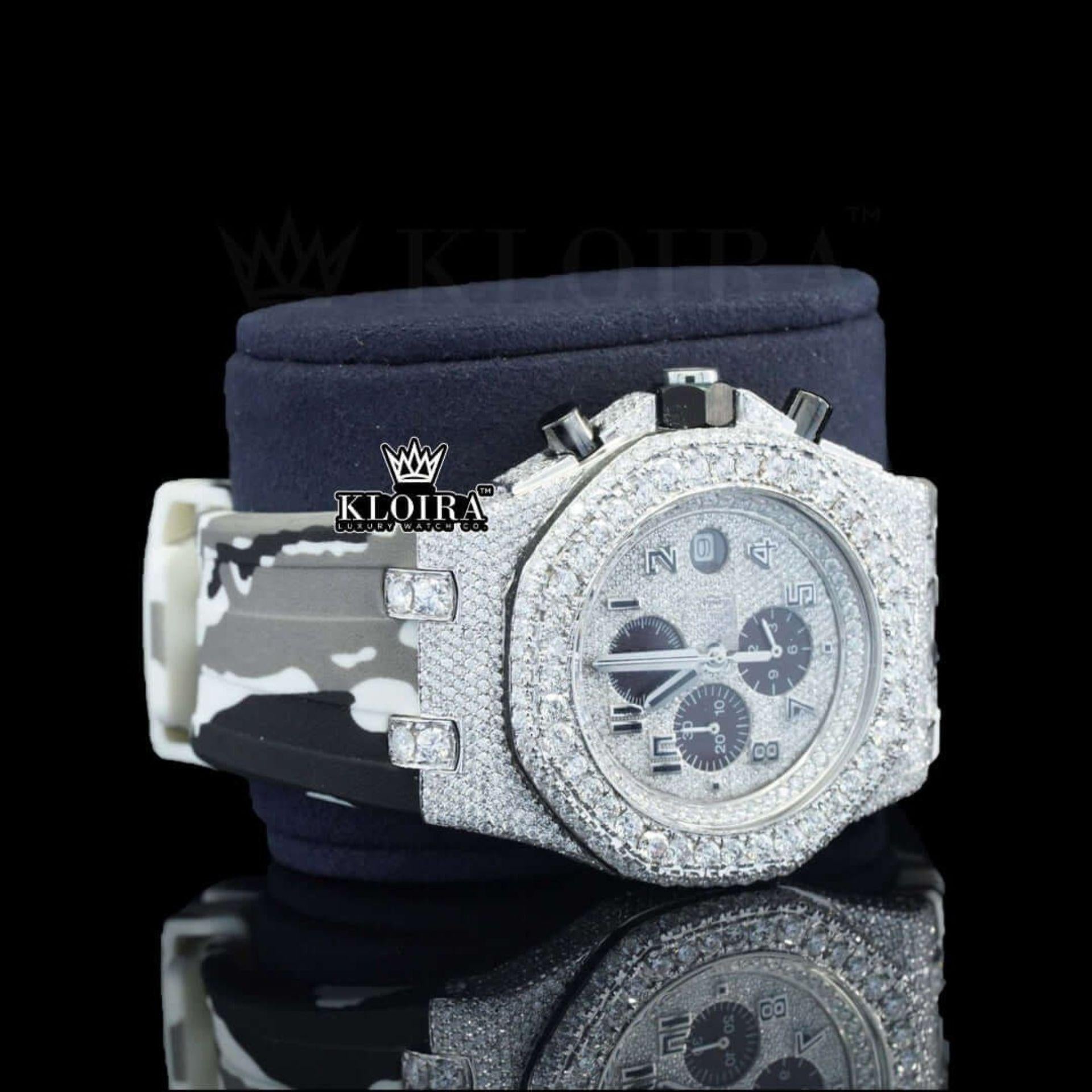 White Grey Rubber Strap Silver Dial Iced Out Moissanite Diamond Watch Right Profile View