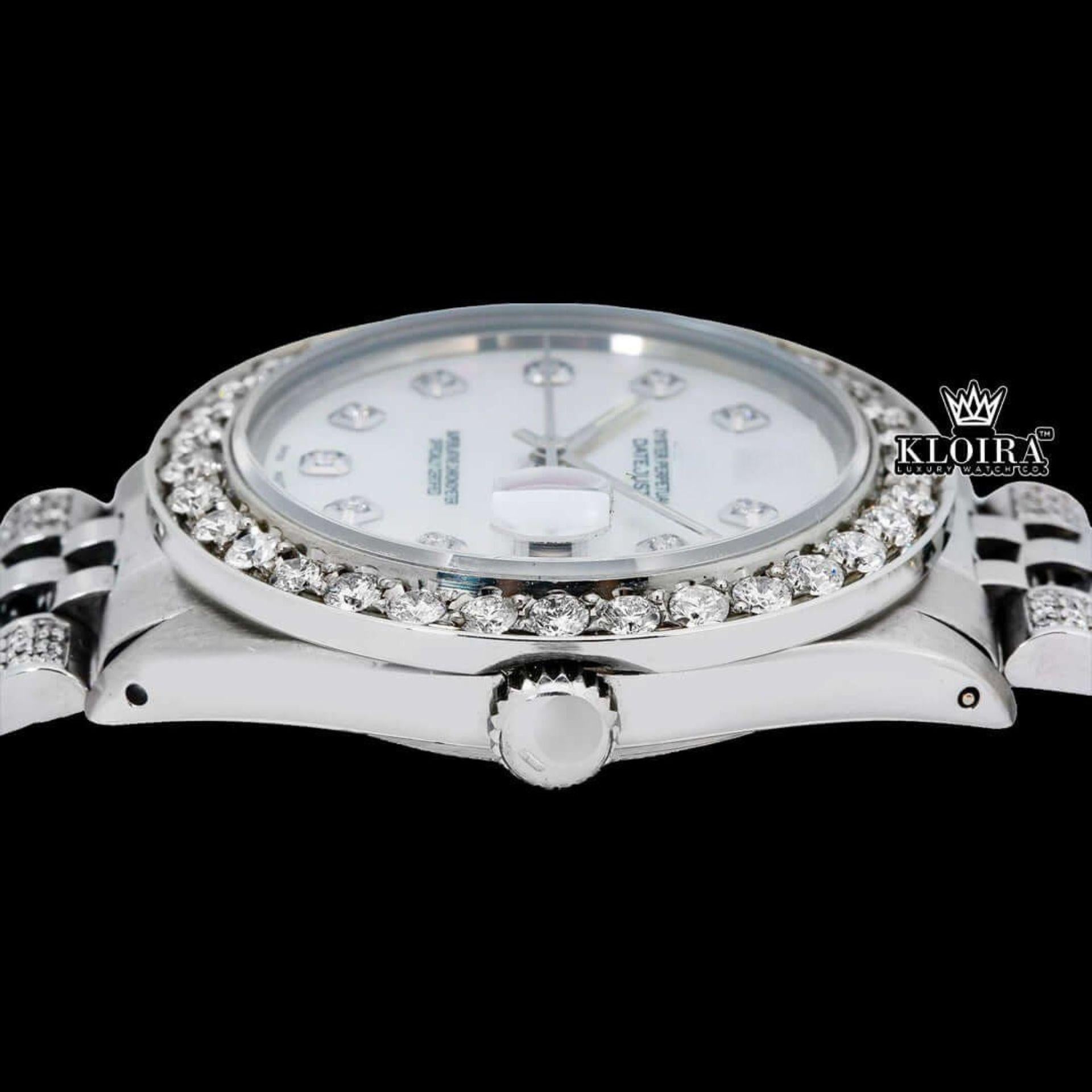White Pearl Dial Diamond Markers Moissanite Diamond Watch Crown View