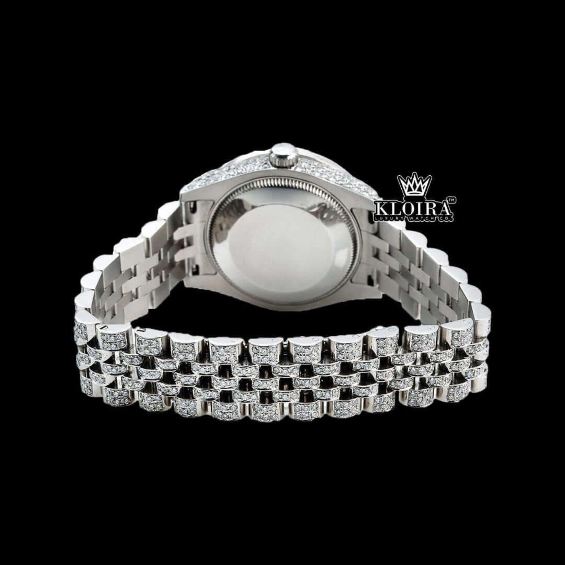 White Pearl Dial Roman Numerals Diamond Link Strap Iced Out Moissanite Watch Caseback View