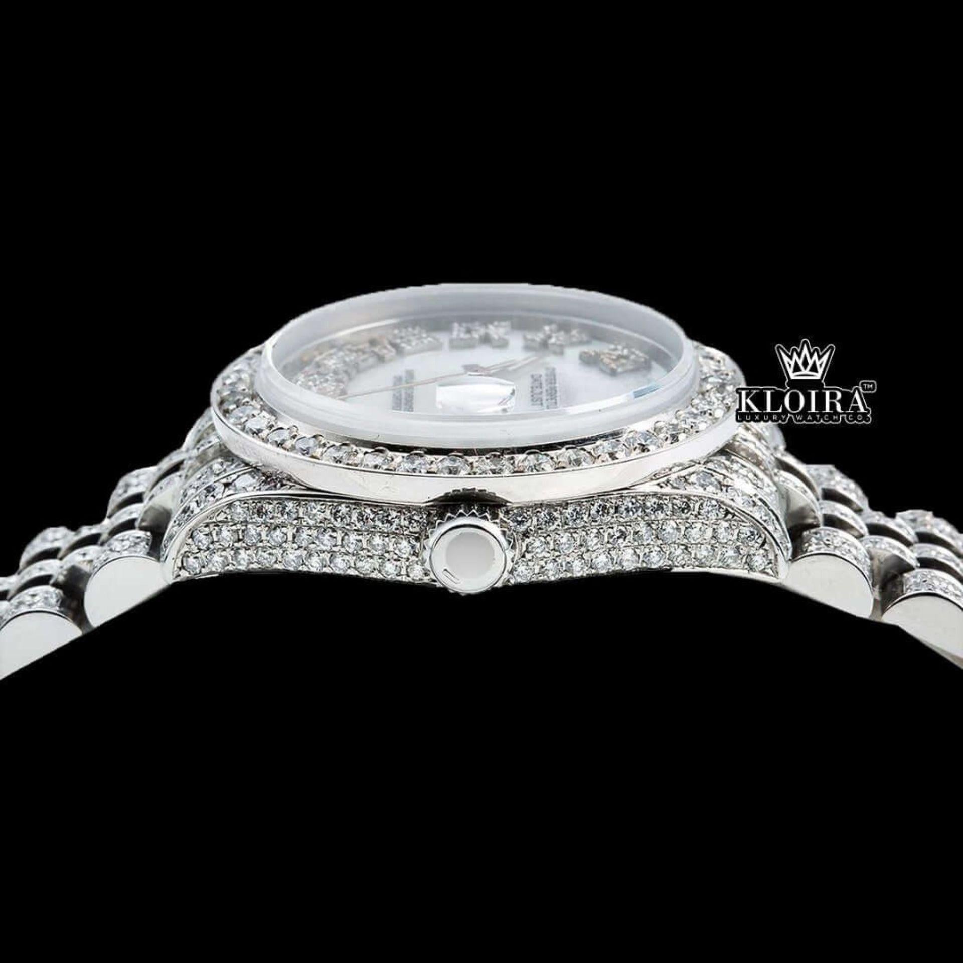 White Pearl Dial Roman Numerals Diamond Link Strap Iced Out Moissanite Watch Crown View