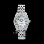 White Pearl Dial Roman Numerals Diamond Link Strap Iced Out Moissanite Watch