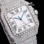 White Roman Dial Black Hands Fully Iced Out Moissanite Watch Close Up Dial View