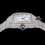 White Roman Dial Black Hands Fully Iced Out Moissanite Watch Crown View