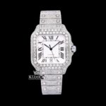 White Roman Dial Black Hands Fully Iced Out Moissanite Watch