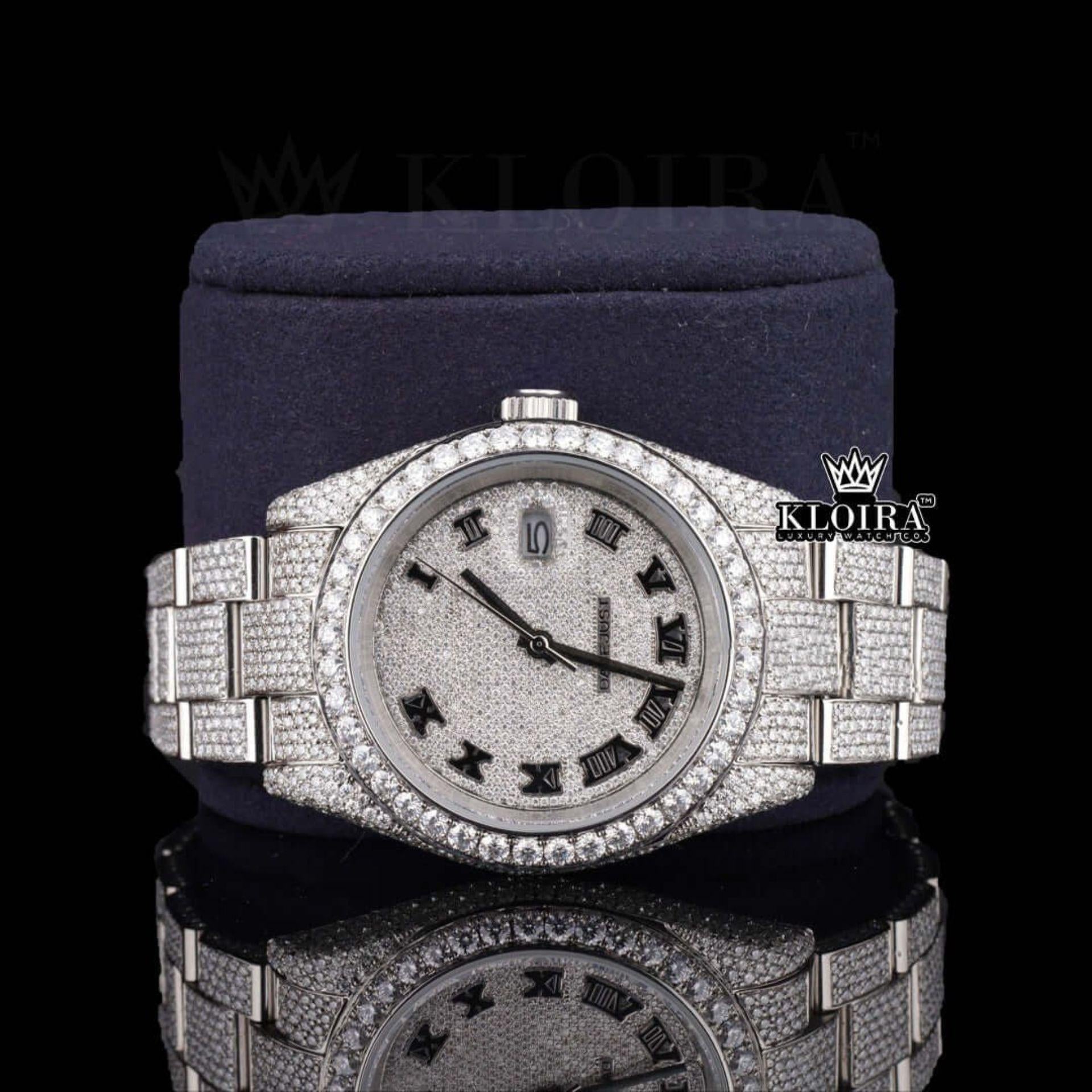 White Roman Dial Full Iced Out Classic Link Strap Moissanite Watch Close Up Front View