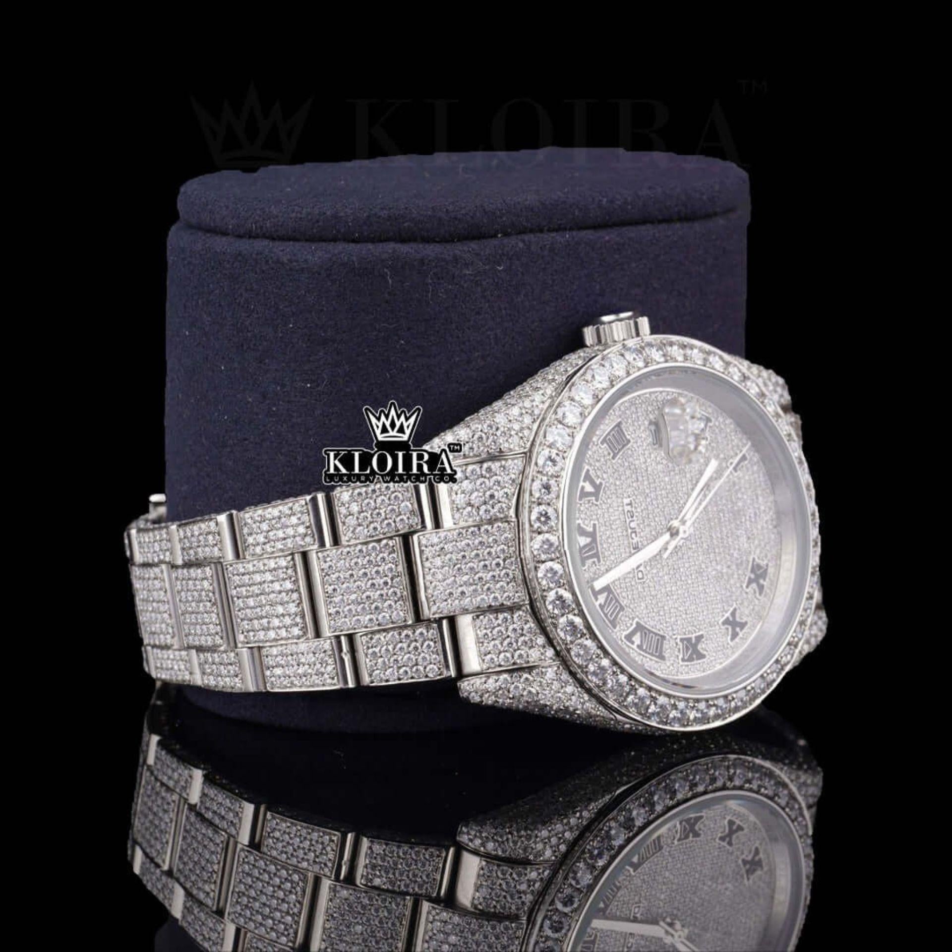 White Roman Dial Full Iced Out Classic Link Strap Moissanite Watch Right Profile View