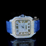 White Roman Dial Semi Iced Out Blue Leather Strap Moissanite Watch