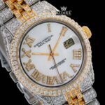 White Roman Dial Two Tone Diamond Link Strap Moissanite Watch Close Up Dial View