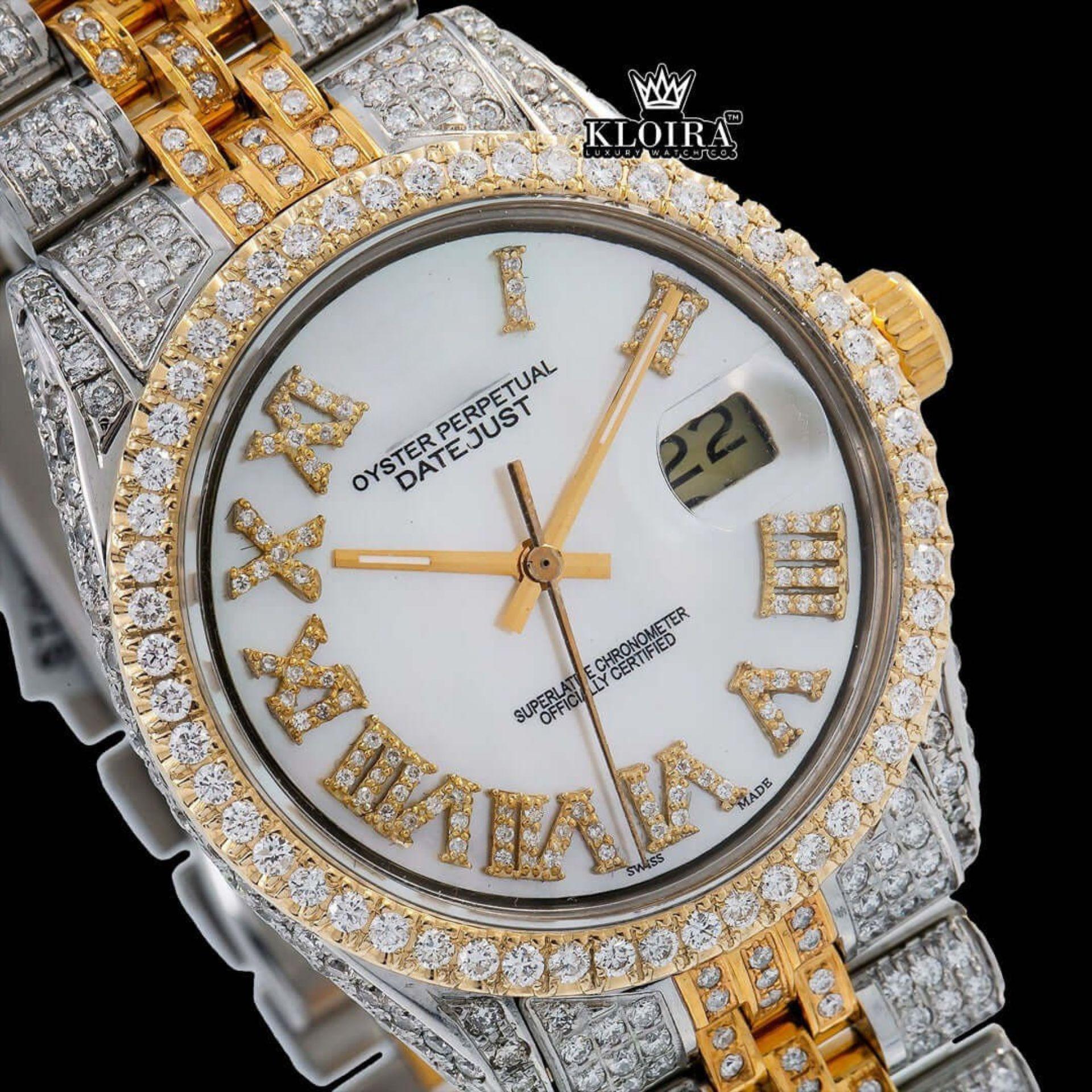 White Roman Dial Two Tone Diamond Link Strap Moissanite Watch Close Up Dial View