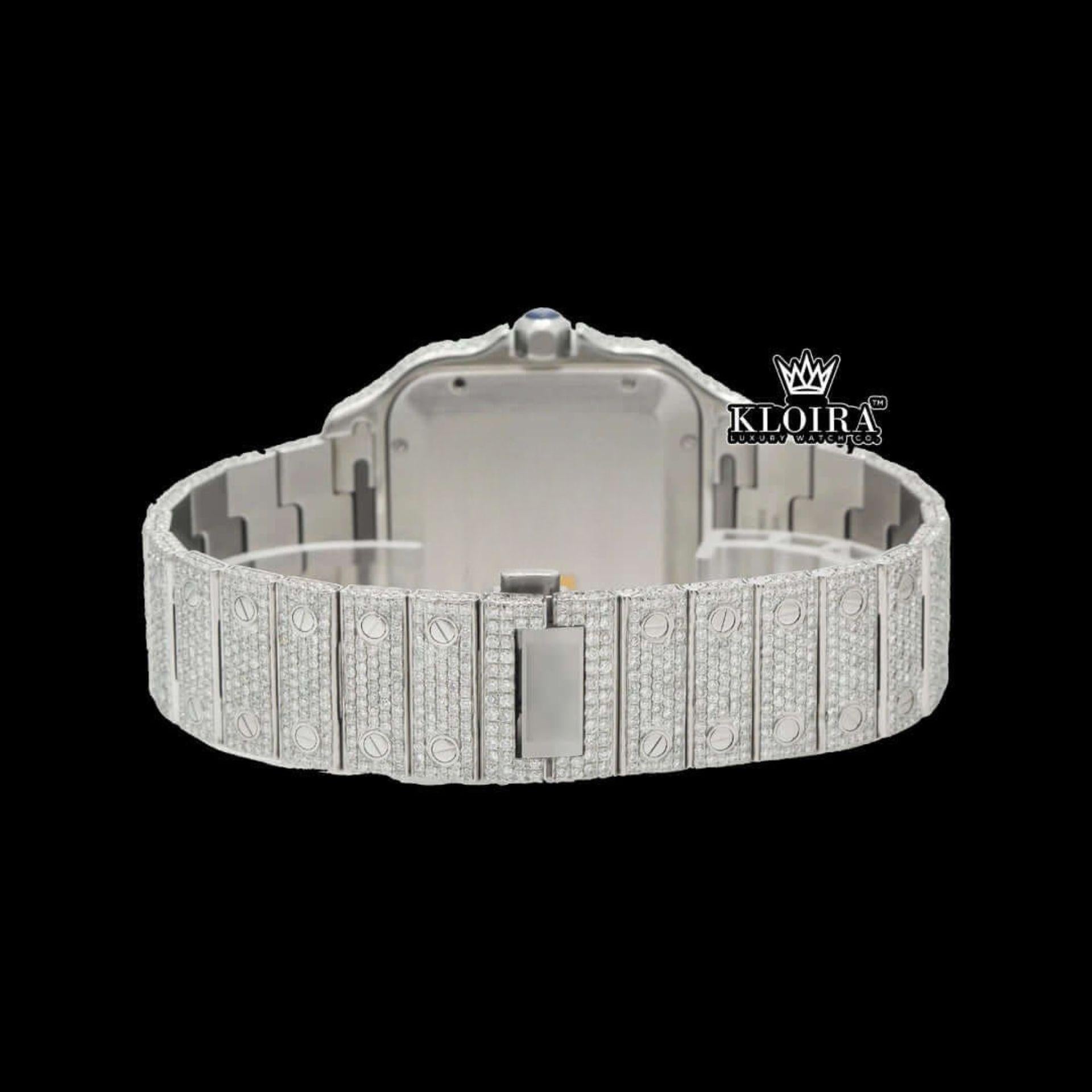 White Roman Numerals Blue Dial Full Iced Out Moissanite Watch Caseback View