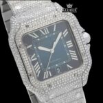 White Roman Numerals Blue Dial Full Iced Out Moissanite Watch Close Up Dial View