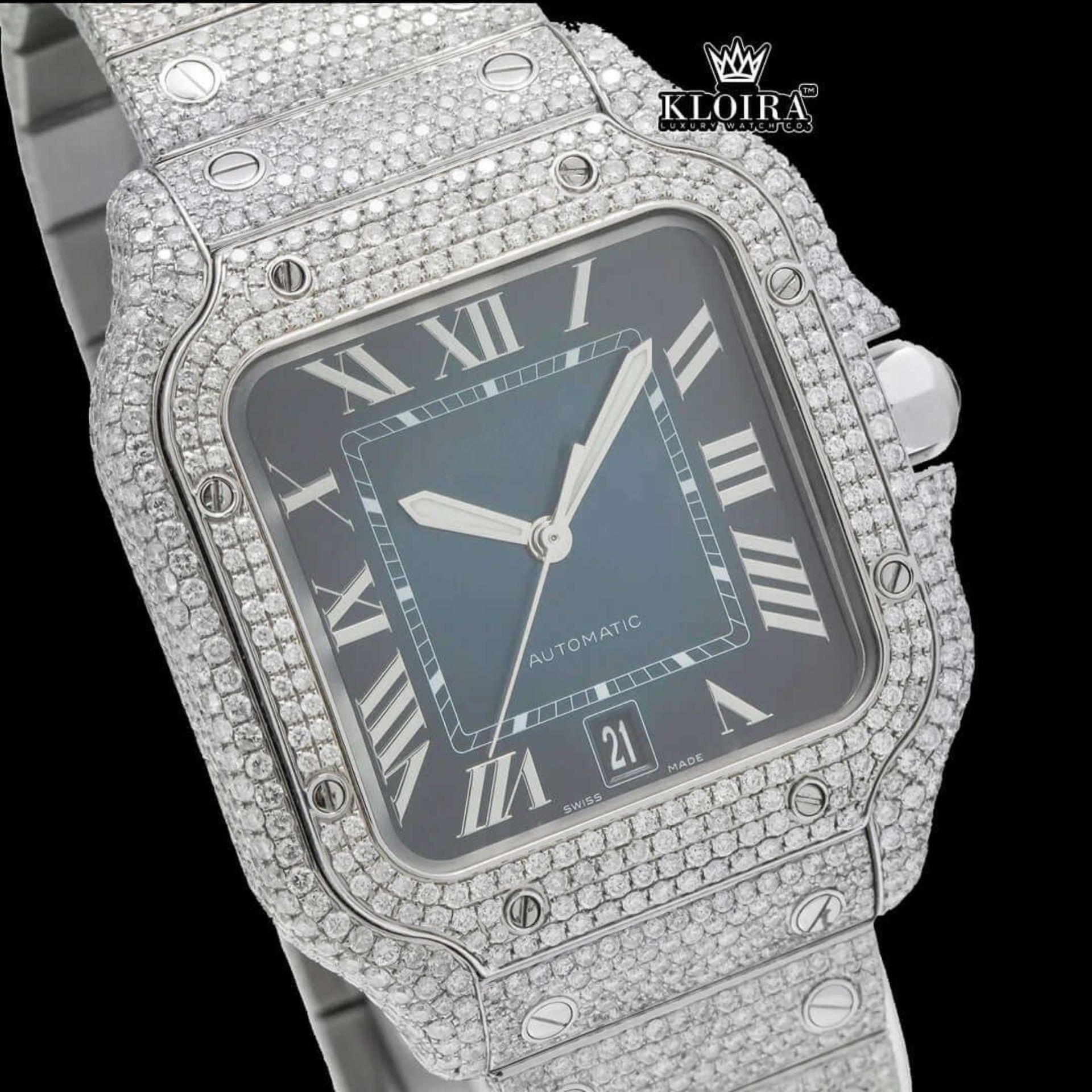 White Roman Numerals Blue Dial Full Iced Out Moissanite Watch Close Up Dial View
