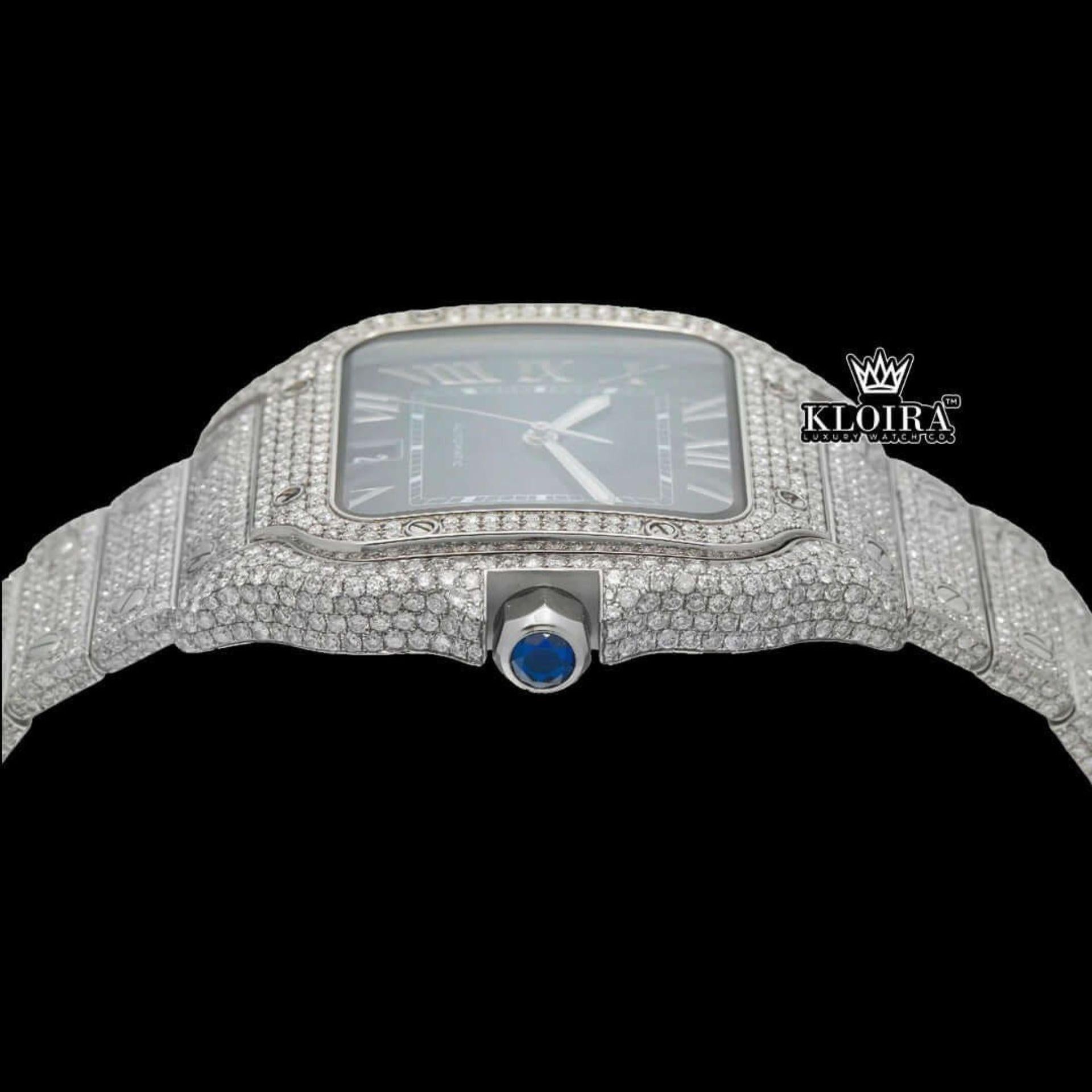 White Roman Numerals Blue Dial Full Iced Out Moissanite Watch Crown View