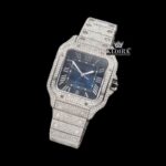 White Roman Numerals Blue Dial Full Iced Out Moissanite Watch