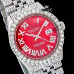 White Roman Numerals Red Dial Fuully Iced Moissanite Diamond Watch Close Up Dial View