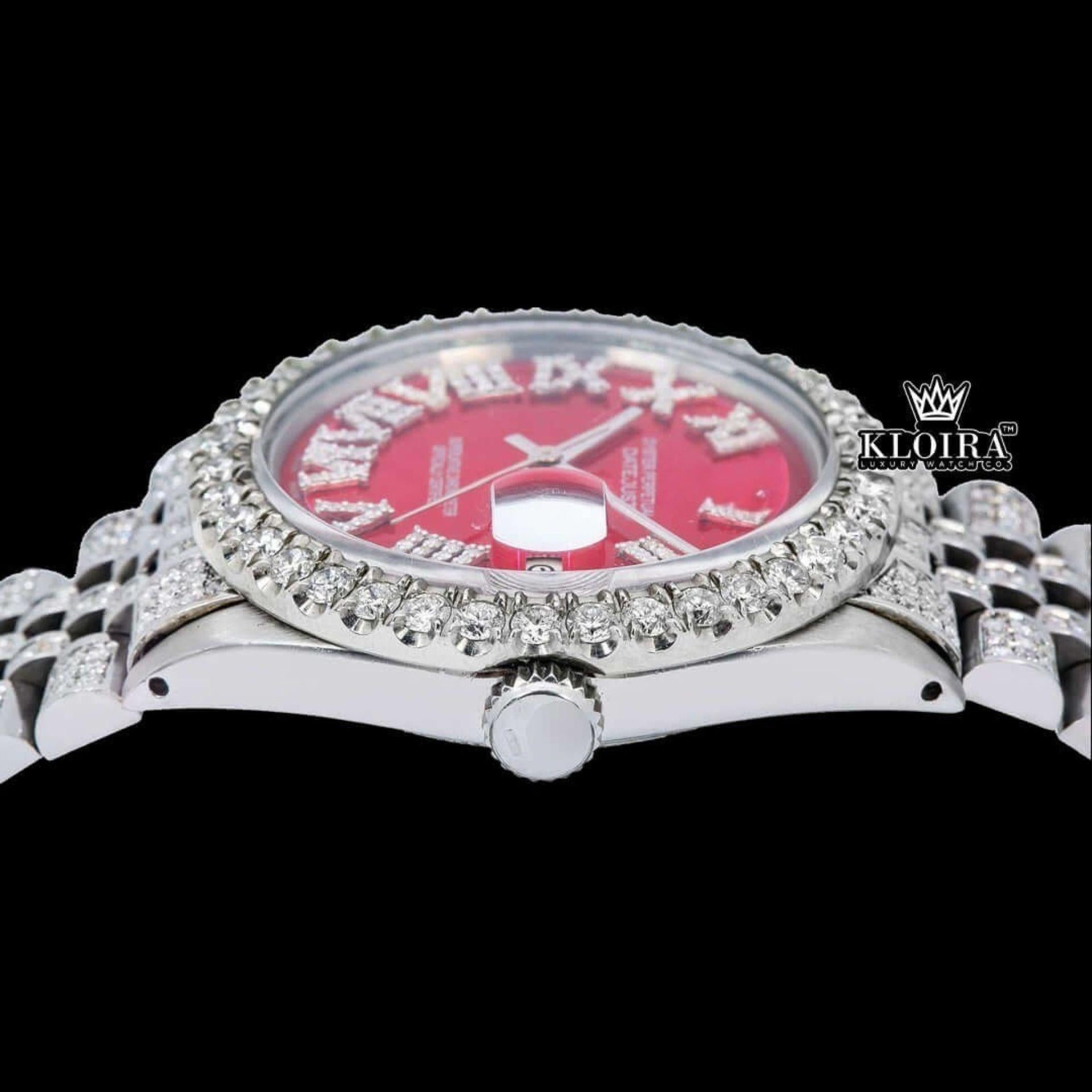 White Roman Numerals Red Dial Fuully Iced Moissanite Diamond Watch Crown View