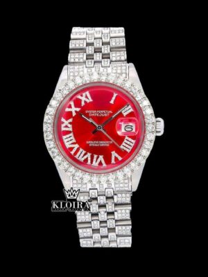 White Roman Numerals Red Dial Fully Iced Moissanite Diamond Watch