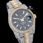 White Stick Markers Black Dial Two Tone Iced Out Moissanite Diamond Watch Close Up Dial View