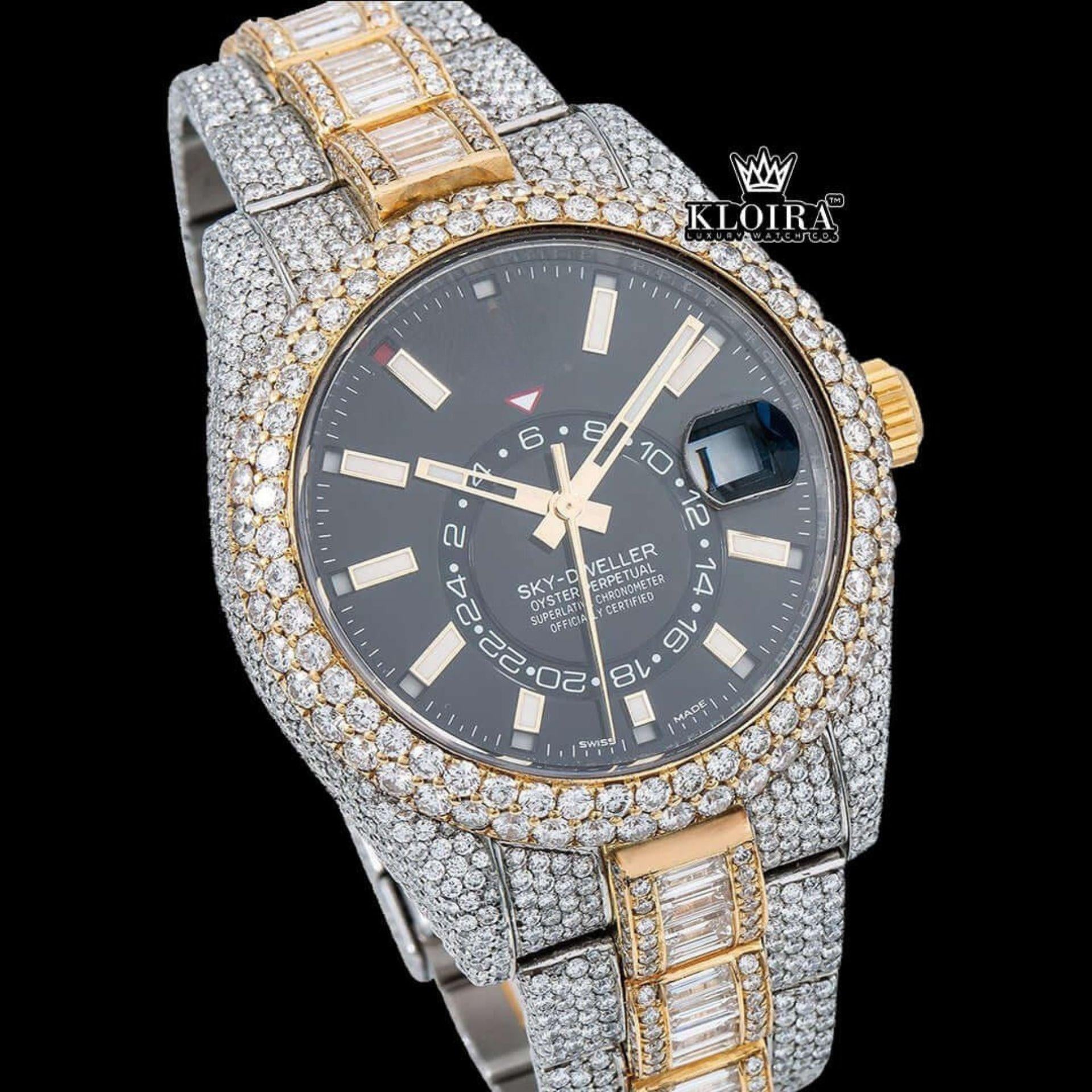 White Stick Markers Black Dial Two Tone Iced Out Moissanite Diamond Watch Close Up Dial View