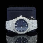 White Stick Markers Blue Dial Fully Iced Out Moissanite Diamond Watch Close Up Front View