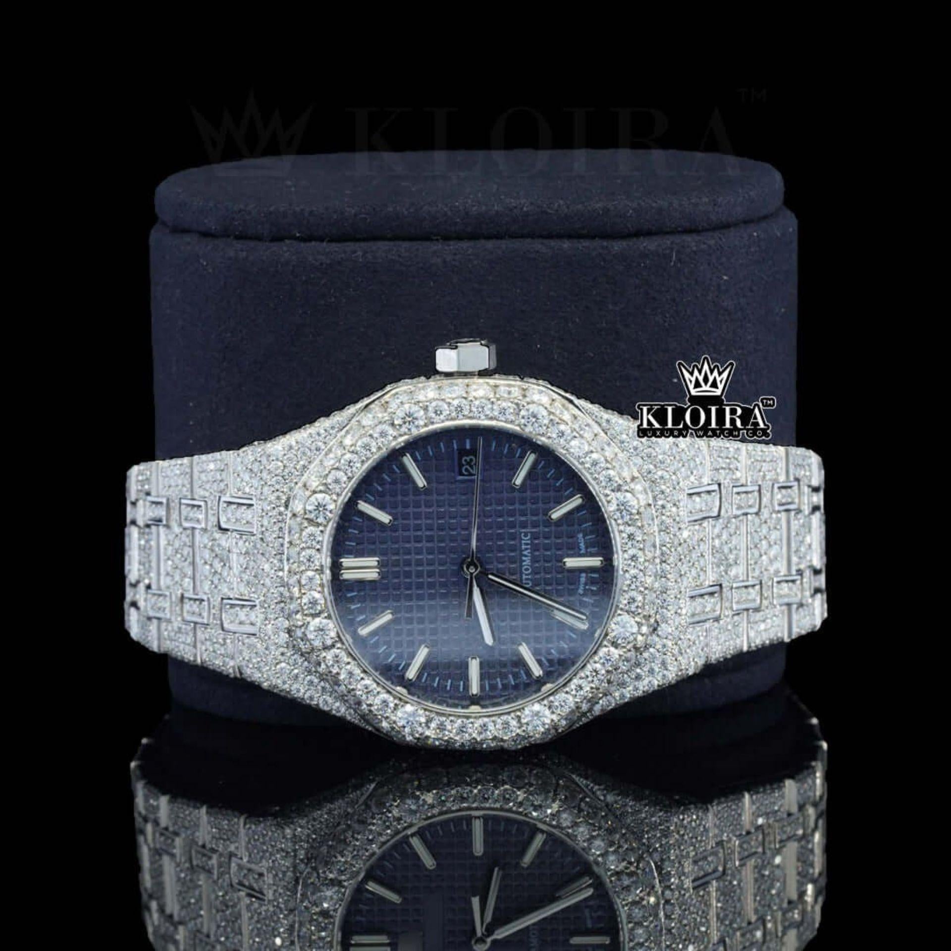 White Stick Markers Blue Dial Fully Iced Out Moissanite Diamond Watch Close Up Front View