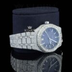 White Stick Markers Blue Dial Fully Iced Out Moissanite Diamond Watch Right Profile View