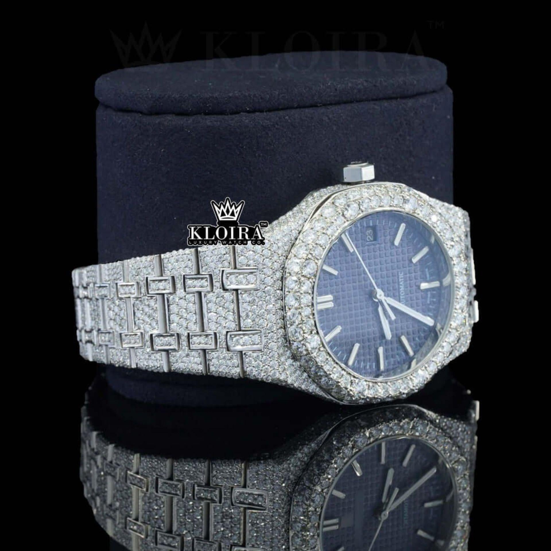 White Stick Markers Blue Dial Fully Iced Out Moissanite Diamond Watch Right Profile View