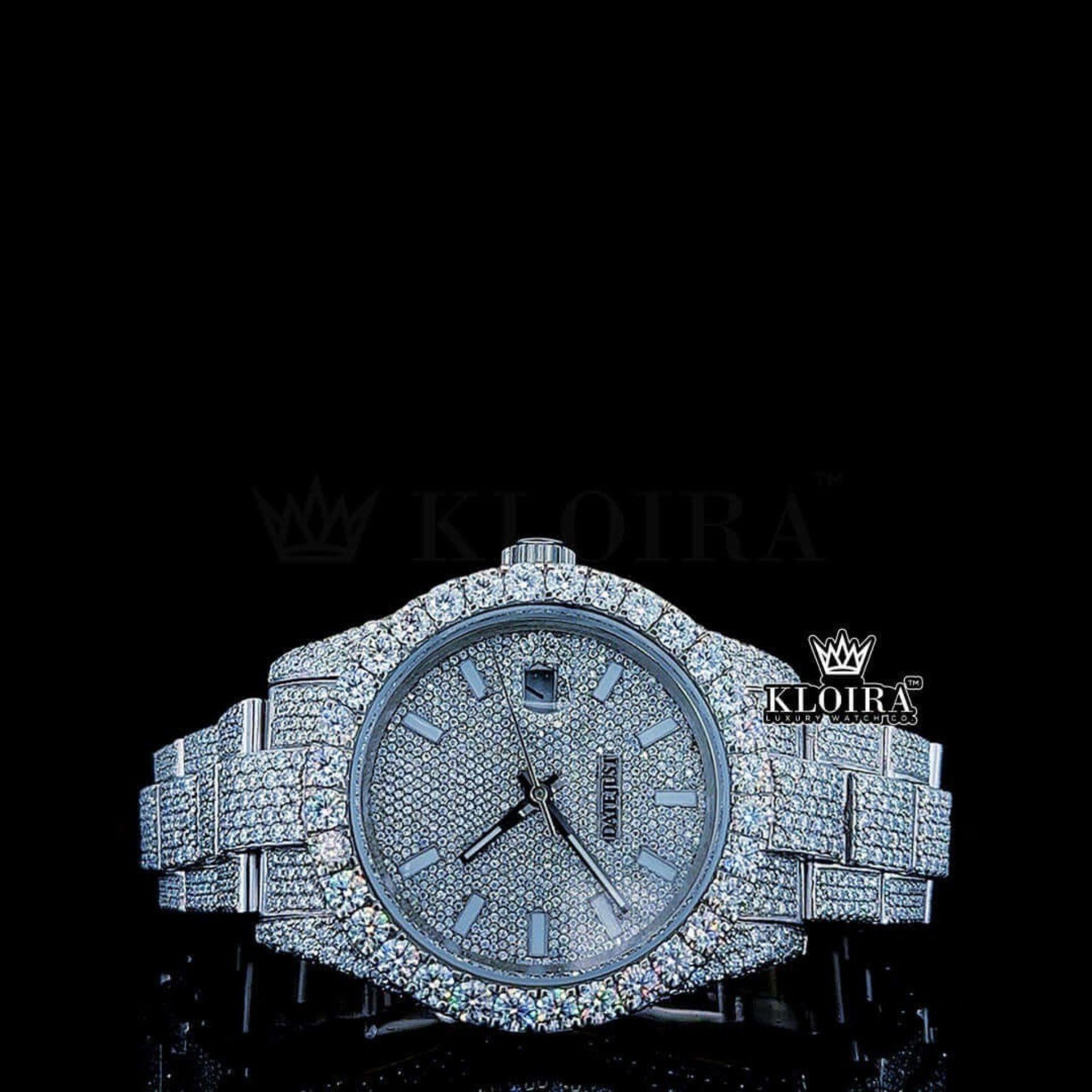 White Stick Markers Dial Full Iced Out White Gold Moissanite Watch Front View