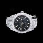 White Stick Markers Dual Time Black Dial Full Icd Out Moissanite Watch Close Up Dial View