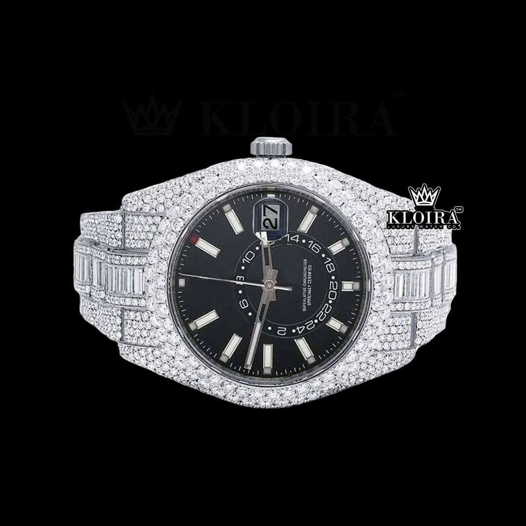 White Stick Markers Dual Time Black Dial Full Icd Out Moissanite Watch Close Up Dial View