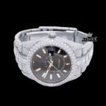 White Stick Markers Dual Time Black Dial Full Icd Out Moissanite Watch Close Up Front View