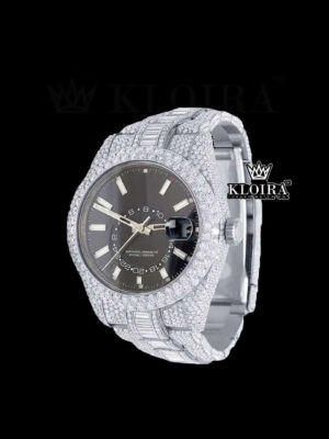 White Stick Markers Dual Time Black Dial Full Icd Out Moissanite Watch